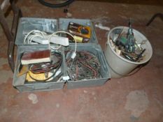 Four Galvanized Boxes and One Plastic Bucket Containing Various Extension Leads, Cordless