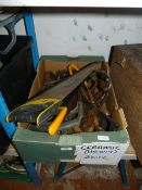 Box Containing Brasant Bits, Tin Snips, Hand Saws, Etc