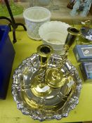 Pair of Brass Candlesticks, Two White Jardinieres, Plated Bowl, Etc