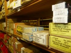 *36 Boxes of Steel Butt Hinges, Cast Cabin Hooks, Rising Butt Hinges, Etc