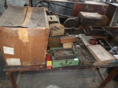 *Pine Folding Table Containing Assorted Mincing Machine Attachments, Key Blanks, Etc