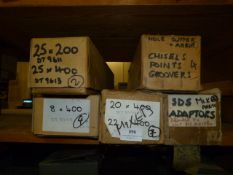 *Five Boxes of SDS Adapters, Chisel Point Grovers, Drills, Etc