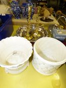 Two Brass Candlesticks, Plated Ware, Plates and White Jardinieres