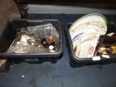 Two Boxes Containing Plates, Jugs, Glass and Plated Ware