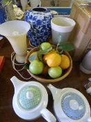 Chinese Vase, Wooden Bowl and Fruit, Two Teapots, Etc