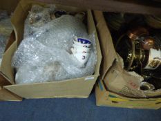 Two Boxes of Crockery, Tea Sets and a Box of Brass and Plated Ware