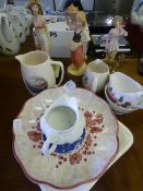 Three Figurines, Jugs, Plates, Etc