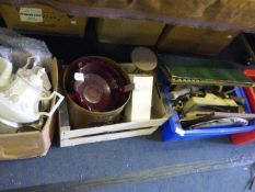 Four Boxes of Cutlery, Brassware, Crockery, Etc