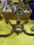 Brass Four Branch Chandelier with Shades and Wall Lights