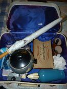 1960's Cream Suitcase with Contents Including Soda Water Fountains, Bottles, Umbrellas, Etc