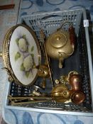 Box of Brassware Including Kettles, Trays, Etc