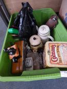 Box of Tins, Glassware, Pottery and Knitting Needle