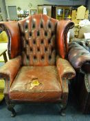 Burgundy Leather Chesterfield Wing Chair with Faults