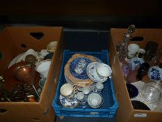 Three Boxes of Glassware, Blue and White Crokery, Copper, Brass and Pottery, Etc