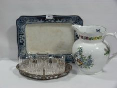Large Worcester Water Jug, Plated Tray and a Blue and White Meat Plate