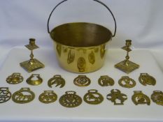 Brass Jam Pan, a Pair of Candle Sticks and Assorted Horse Brasses
