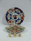 Imari Plate and Three Ivory Figurines