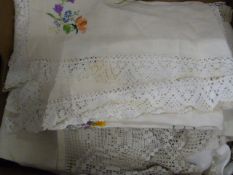 Box Containing Assorted Embroidered and Crocheted Table Cloths