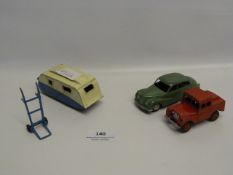 Dinky Toys 255 Landrover, 190 Caravan, Marklin BMW and a Sack Barrow