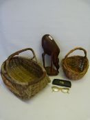 Two Wicker Baskets and a Carved Wood Ornament