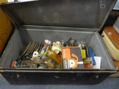Tin Trunk Containing Assorted Bottles, Jars, Tools, Etc