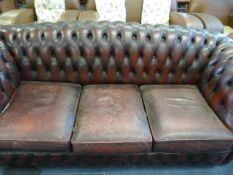 Burgundy Leather Three Seat Chesterfield Settee