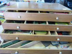 Light Oak Four Drawer Meccano Chest Containing a Selection of Meccano Components