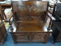 Oak Paneled Carved Monks Bench
