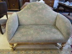 Pale Green Upholstered Two Seat Settee with Gilded Legs and Crinoline Stretcher