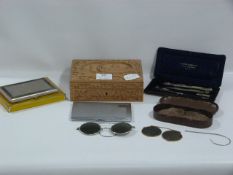 Carved Asian Box, Cigarette Cases, Glasses and a Drawing Instrument Case