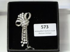 Platinum and Diamond Pin of a Decorative Bow and Tassels