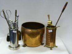 Two Companion Set One in Chrome, One in Brass and a Copper Jardiniere