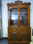 Mahogany Bookcase Cupboard with Two Glazed Doors and Two Carved Cupboard Doors and Drawers