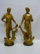 Pair of Gold Painted Spelter Figurines of The Wheelwright and Boat Maker