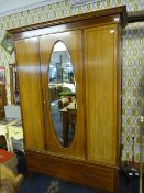 Edwardian Mahogany Single Door Wardrobe with Oval Bevelled Glass Mirror and String Inlaid Detail