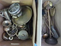 Two Boxes of Assorted Brassware Including Fire Tools, Toasting Forks, Horse Brasses, Etc