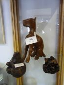 Carved Teak Dog, Pottery Frog and Mouse