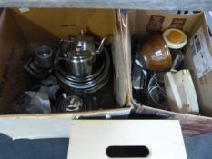 Two Boxes of Stainless Steelware, Pachions, MIxer/Blender, Radio, Etc