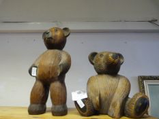 Two Carved Wood Teddy Bears