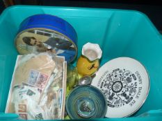 Box Containing Stamps, Plates, Vase, Glassware