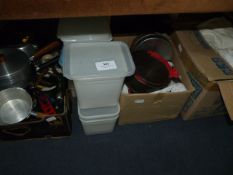 Box of Pans, Cutlery, Plastic Containers, Etc