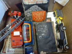 Box of Vintage Books, Toy Cars, Etc