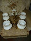 Brass Five Branch Chandelier with Glass Shades