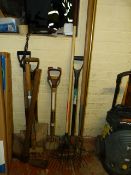 Assorted Gardening Tools Including Rakes, Forks, Sledgehammers, Pickaxes, Etc (10 Pieces)