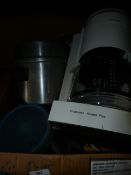 Box Containing Prestige Cooker, Krups, Percolator, Stainless Steel Pans, Etc