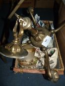 Four Branch Brass Chandelier and Shades