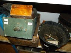 Bucket Containing Assorted Tools, Vintage Drawers, Boxes, Etc