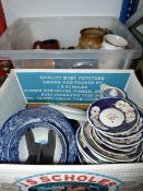 Two Boxes Containing Assorted Pottery, Blue and White Tankards, Etc