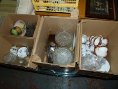 Four Boxes of Assorted Decorative Items Including Cup, Saucers, Fruit Plates, Bowls, Glass Vases,