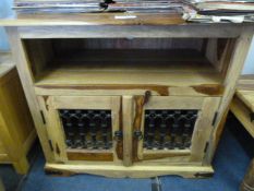 African Teak Cabinet with Metal Fret Work Doors